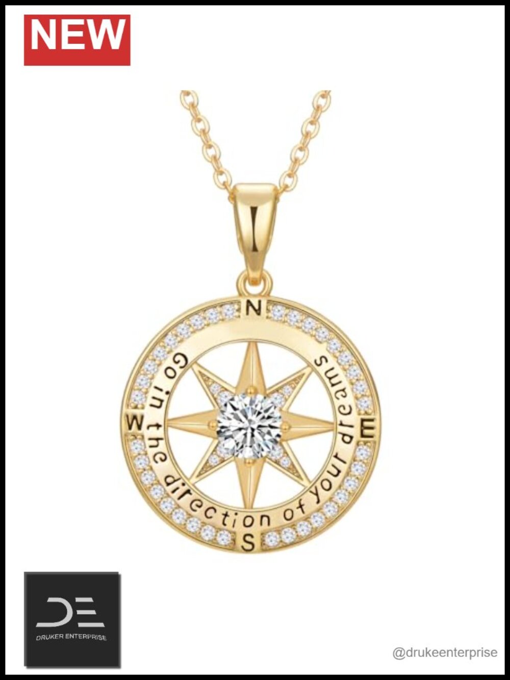 925 Sterling Silver Compass Necklace Graduation Gift with Gold-Plated Finish